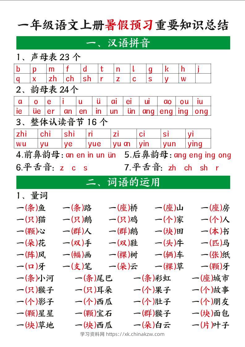 一年级语文上册暑假预习重要知识总结-学习资料站