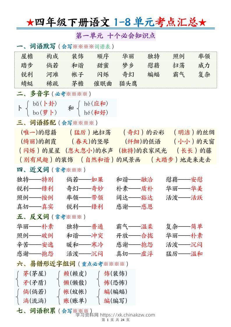 四下语文期末1-8单元十大考点必背-学习资料站