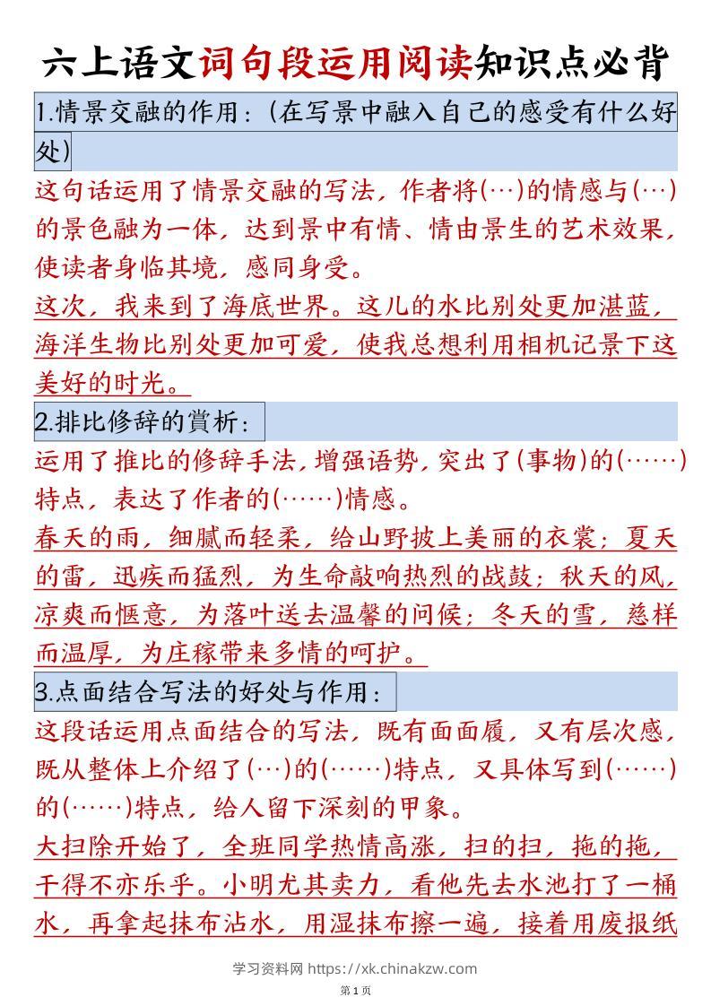 六年级语文上册词句段运用阅读知识点必背-学习资料站