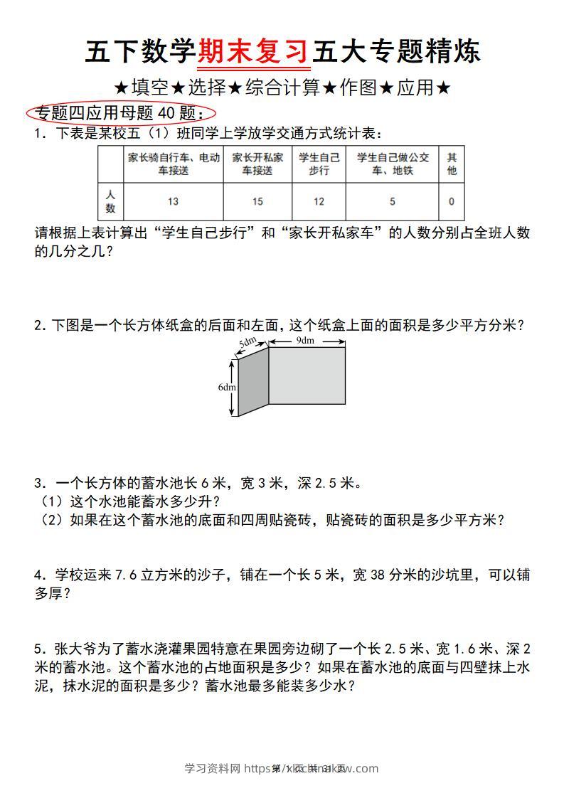 五下数学【期末复习五大专题精炼（专题四：应用题）】-学习资料站
