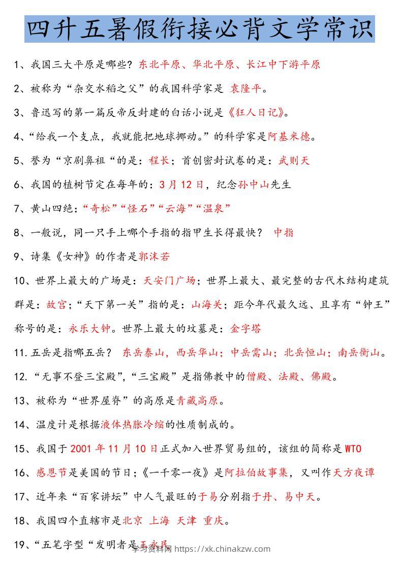 【四升五语文暑假】必背文学常识四下语文-学习资料站