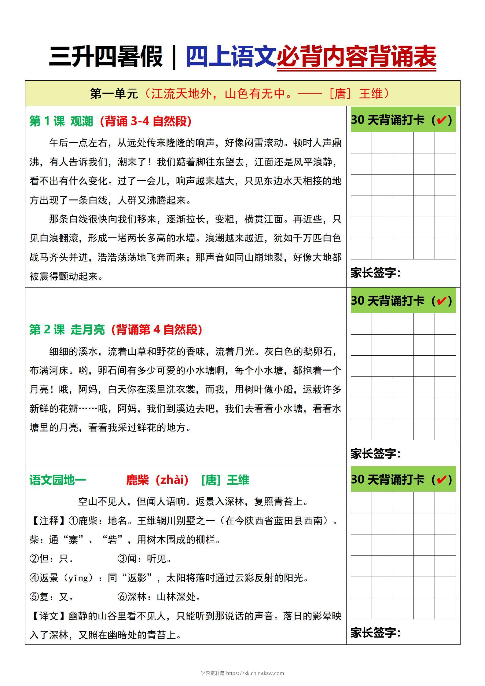 三升四暑假四上语文必背内容背诵表6页-学习资料站