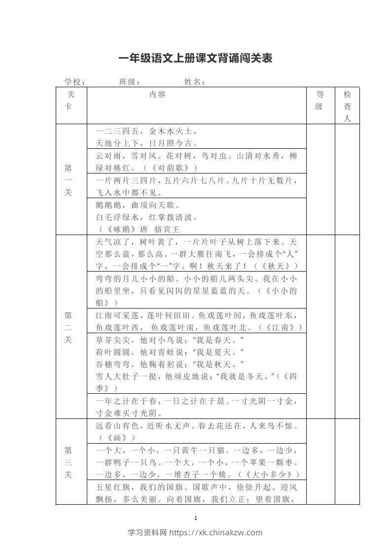 一年级上册语文背诵课文内容及闯关表-学习资料站