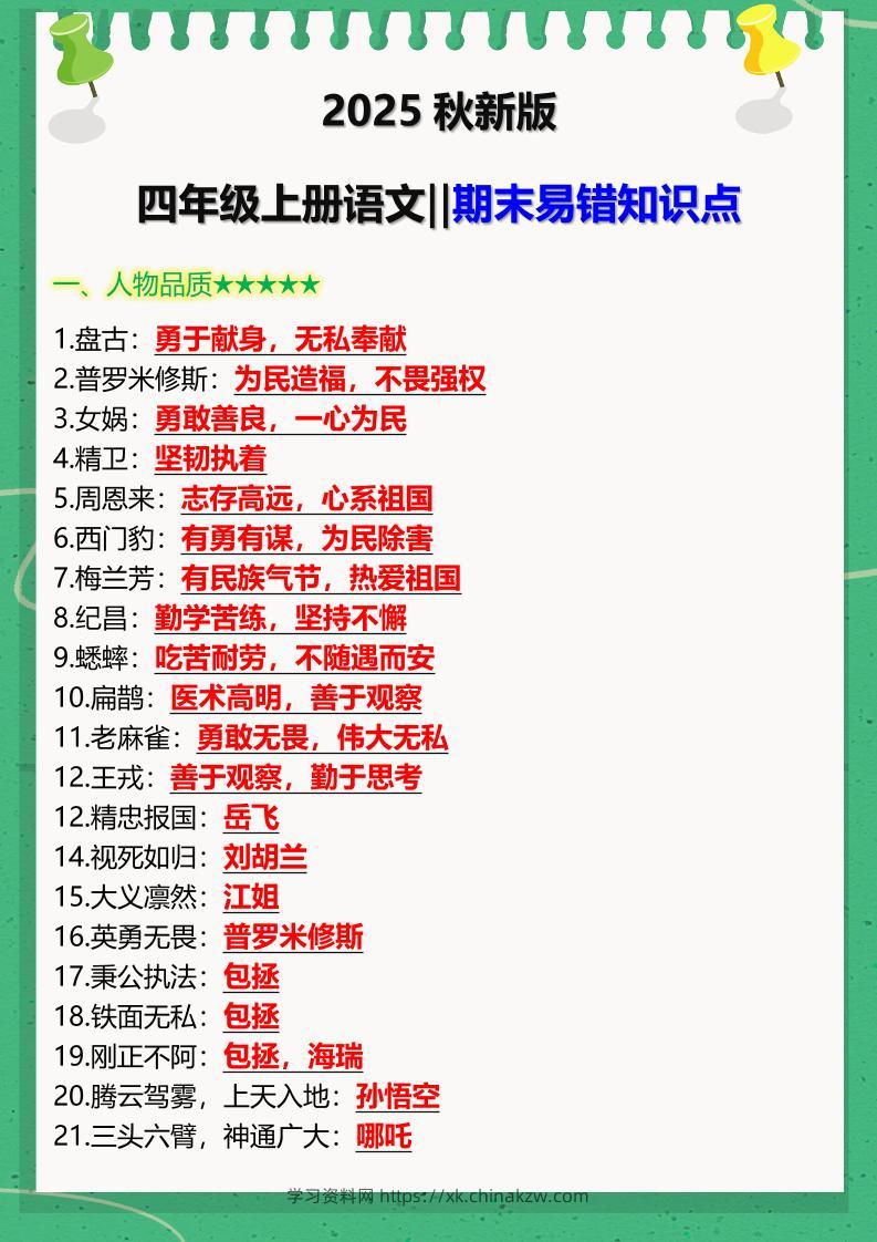 【2025秋新版】四年级上册语文‖期末易错知识点-学习资料站