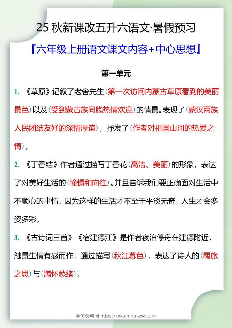 【2025秋新版】五升六暑假预习，六年级上册语文课文中心思想-学习资料站