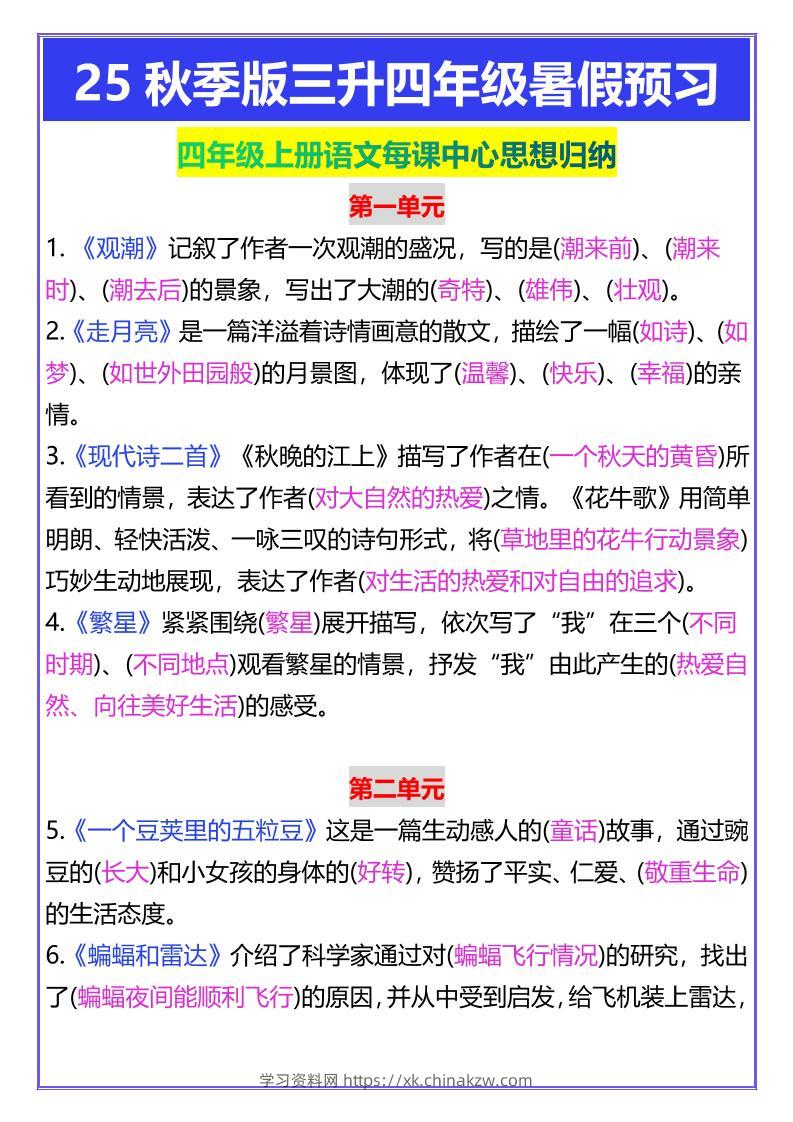 【2025秋新版】四年级上册语文每课中心思想归纳-学习资料站