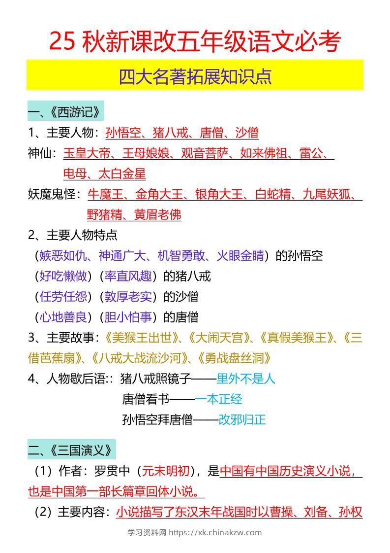 【2025秋新版】五年级语文必考四大名著拓展知识点-五上语文-学习资料站