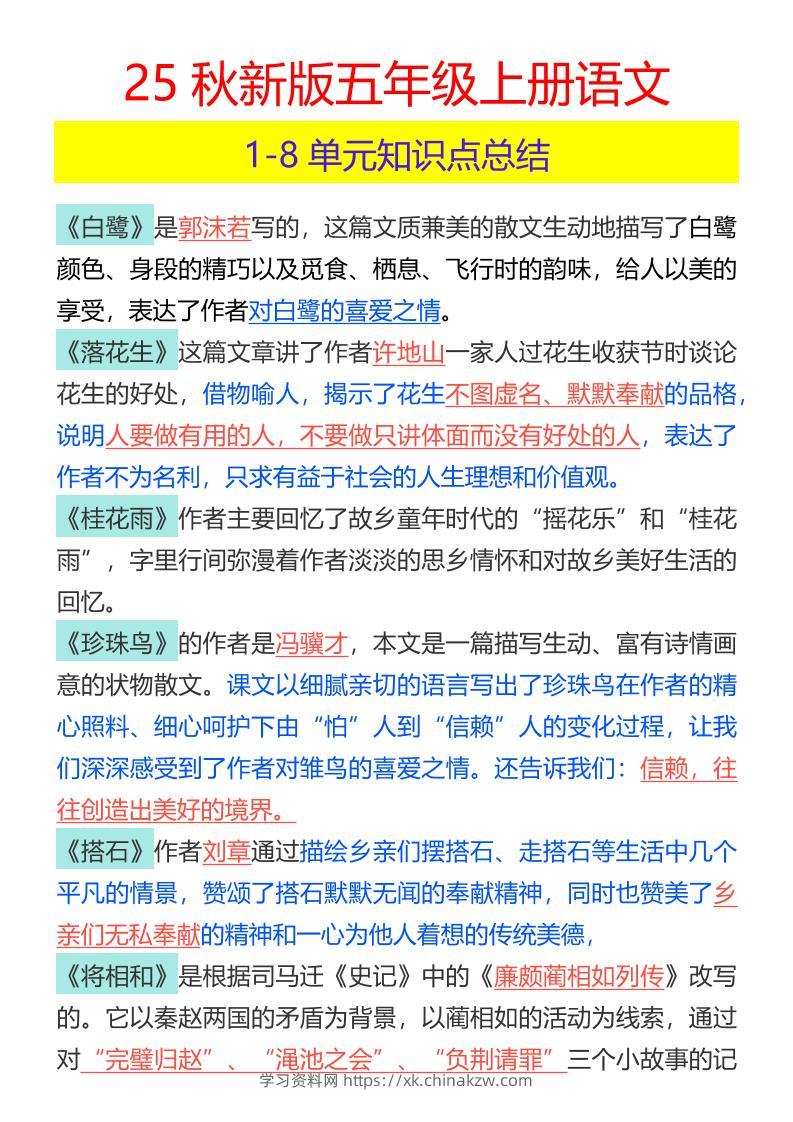 【2025秋新版】五年级上册语文1-8单元知识点总结-学习资料站