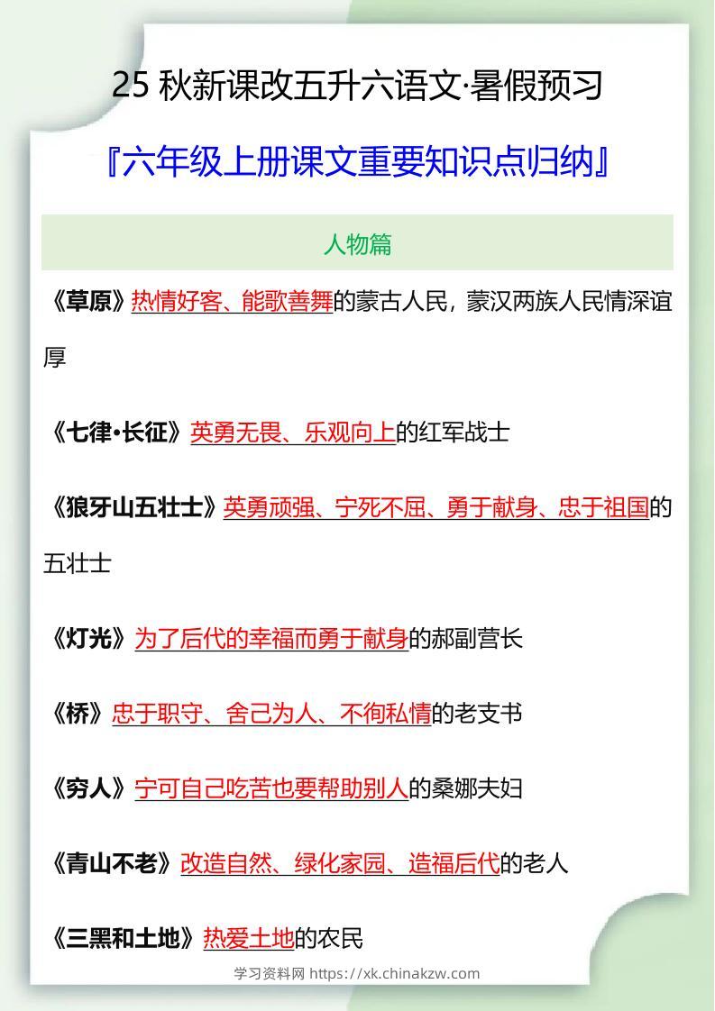 【2025秋新版】六年级语文上册课文重要知识点归纳-学习资料站