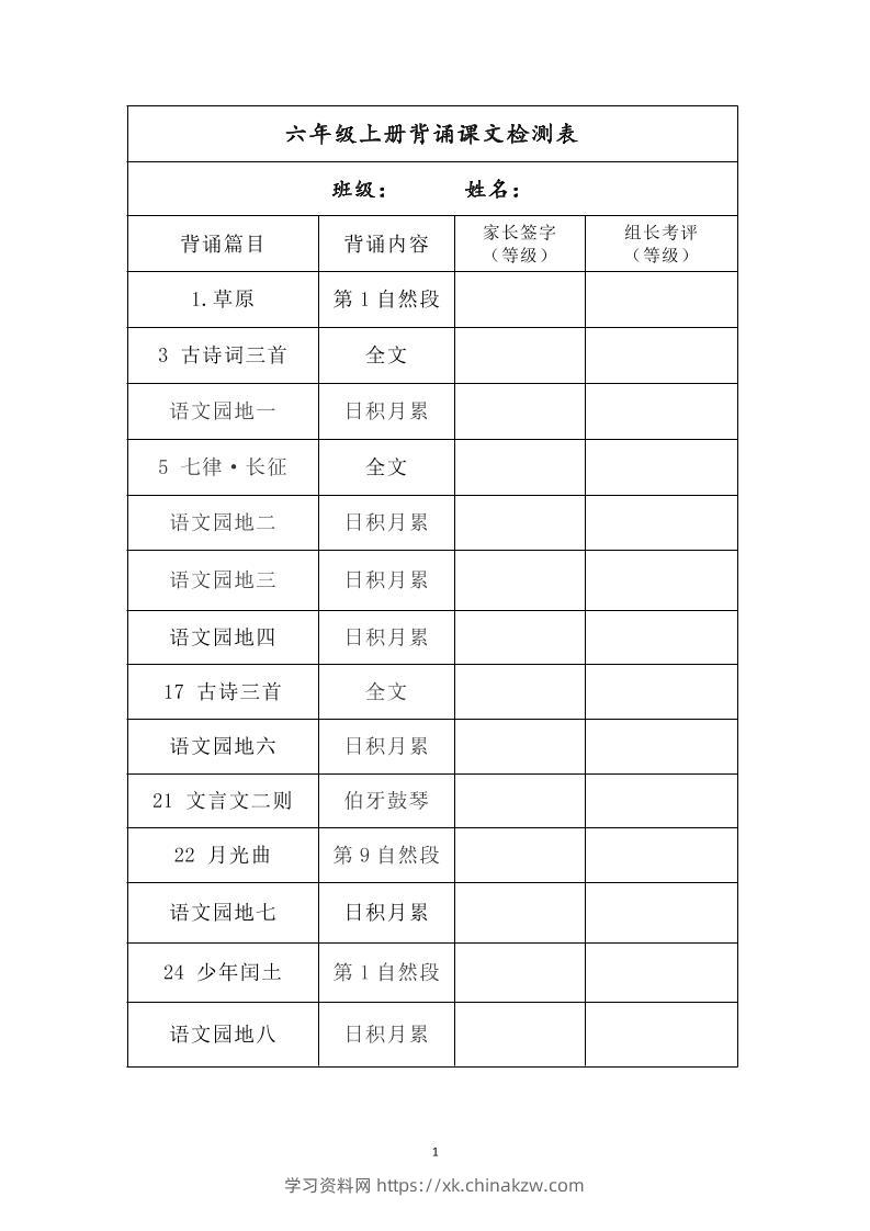六年级上册背诵课文检测表及内容-语文-学习资料站