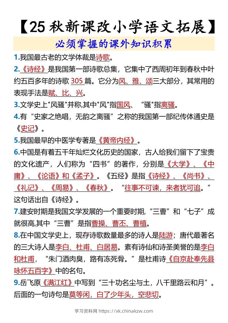 【2025秋新版】【小学语文拓展】必须掌握的课外知识积累-六上语文-学习资料站