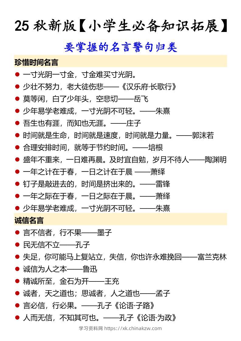 【2025秋新版】【小学生必备知识拓展】要掌握的名言警句归类-六上语文-学习资料站