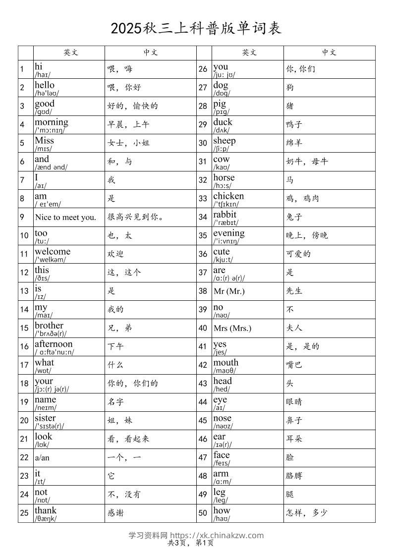 2025秋三上英语科普版单词表-学习资料站