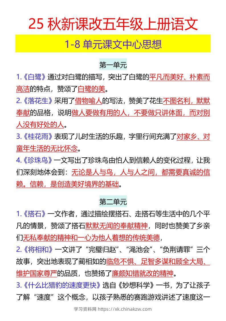 【2025秋新版】五年级上册语文1-8单元课文中心思想-学习资料站