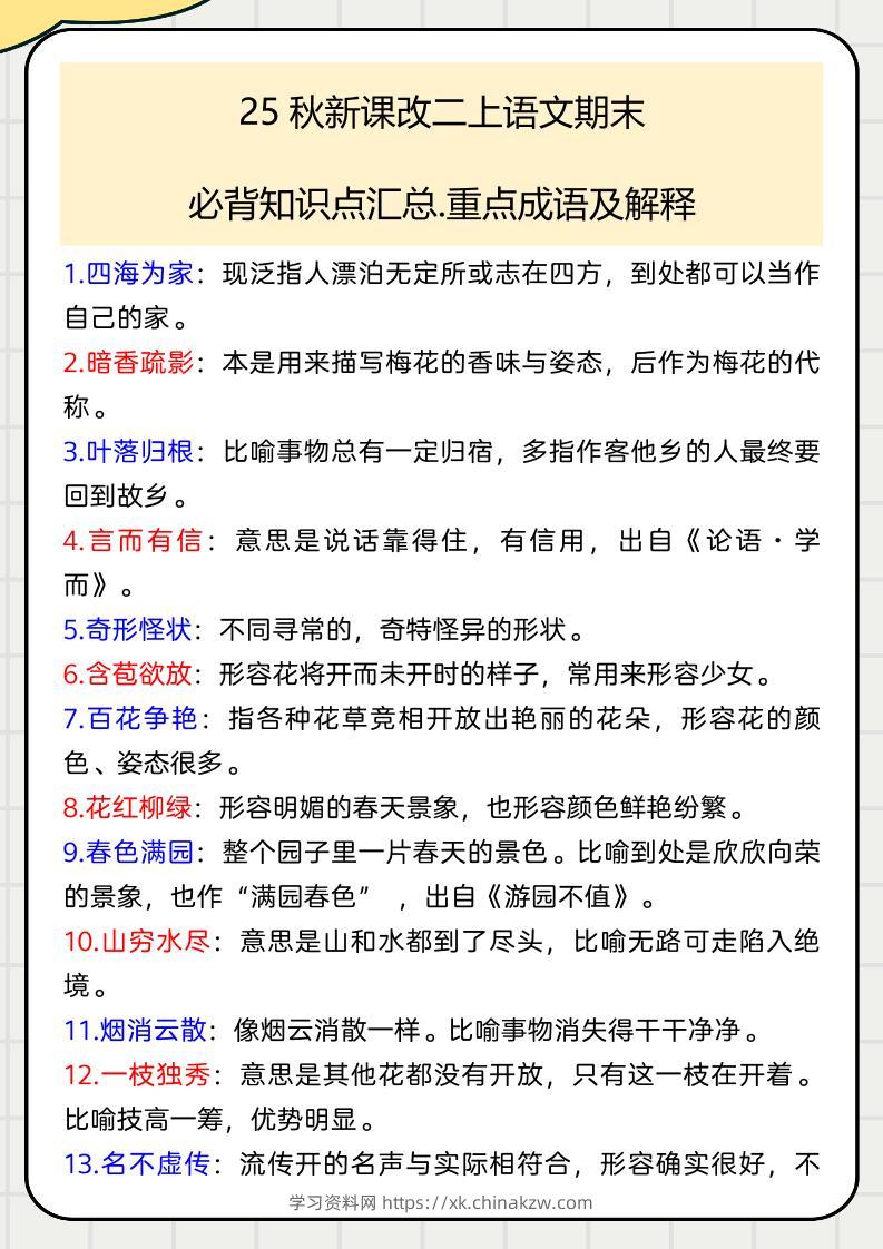 【2025秋新版】二上语文期末必背知识点汇总.重点成语及解释-学习资料站