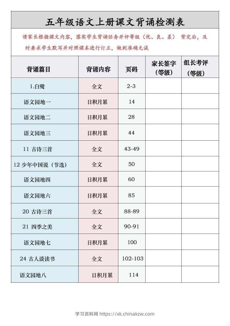 五年级语文上册课文背诵检测表-学习资料站