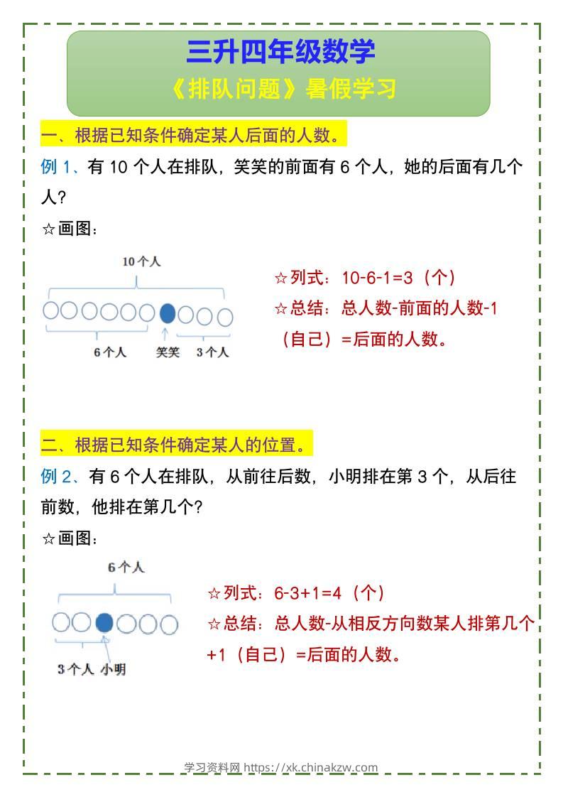 三升四年级数学《排队问题》暑假学习-四上数学-学习资料站