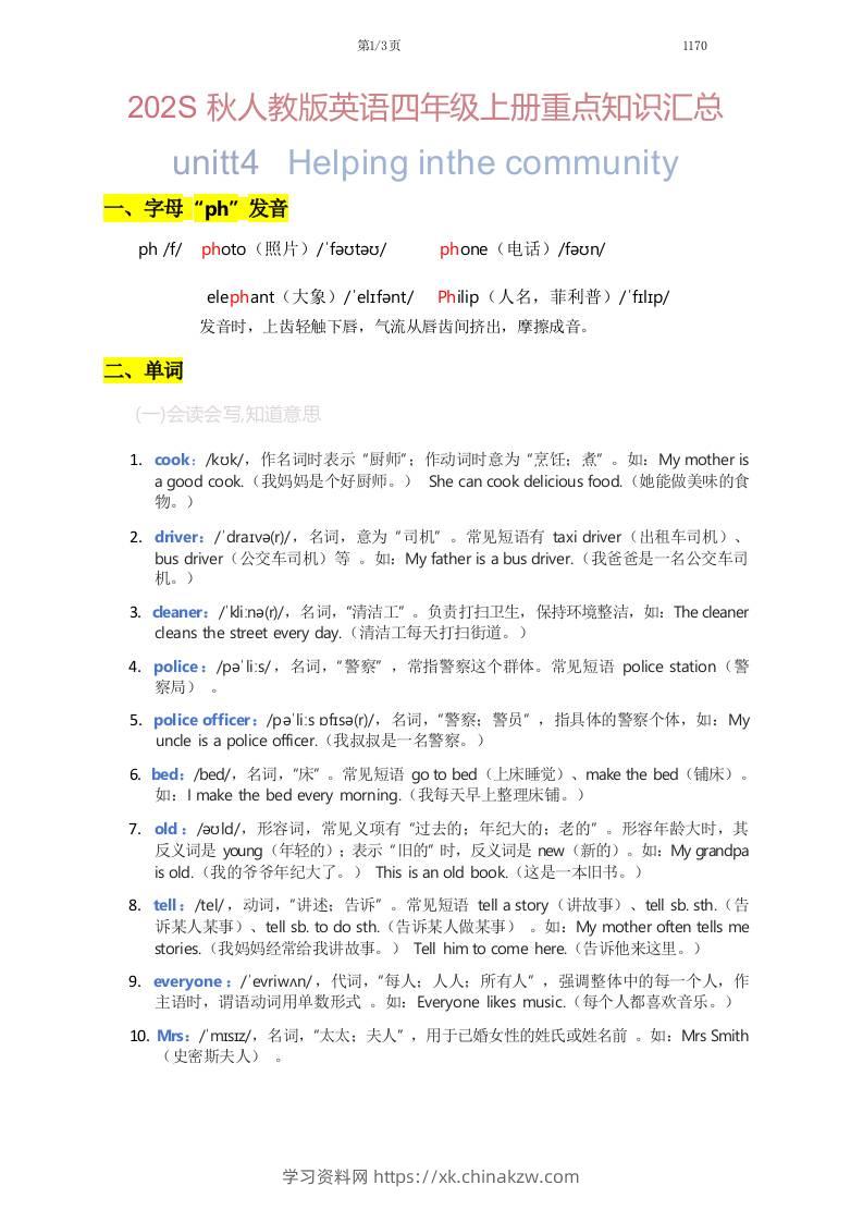 2025秋人教版英语四上Unit4重点知识汇总-学习资料站