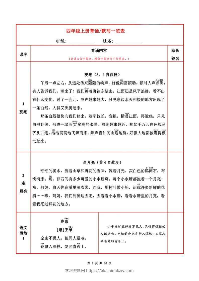 四上语文必背内容+默写表-学习资料站
