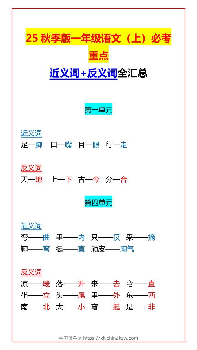 【2025秋新版】一年级语文上必考重点近义词+反义词全汇总-学习资料站