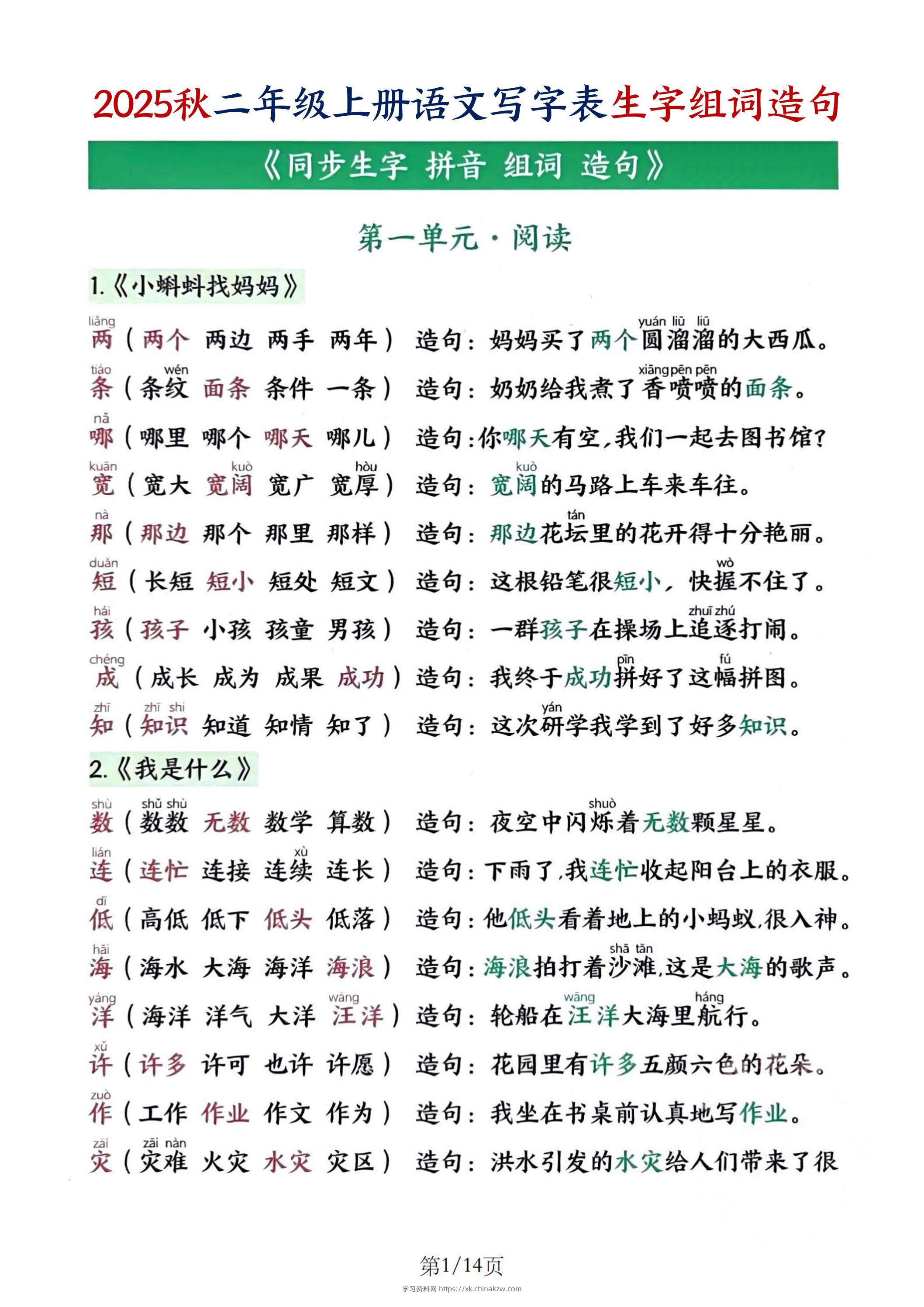 25秋二上语文写字表生字组词造句（14页）-学习资料站