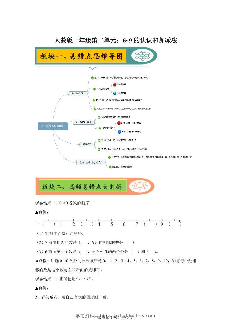 人教版数学一年级上册第二单元《6~9的认识和加减法》易错点大全-学习资料站