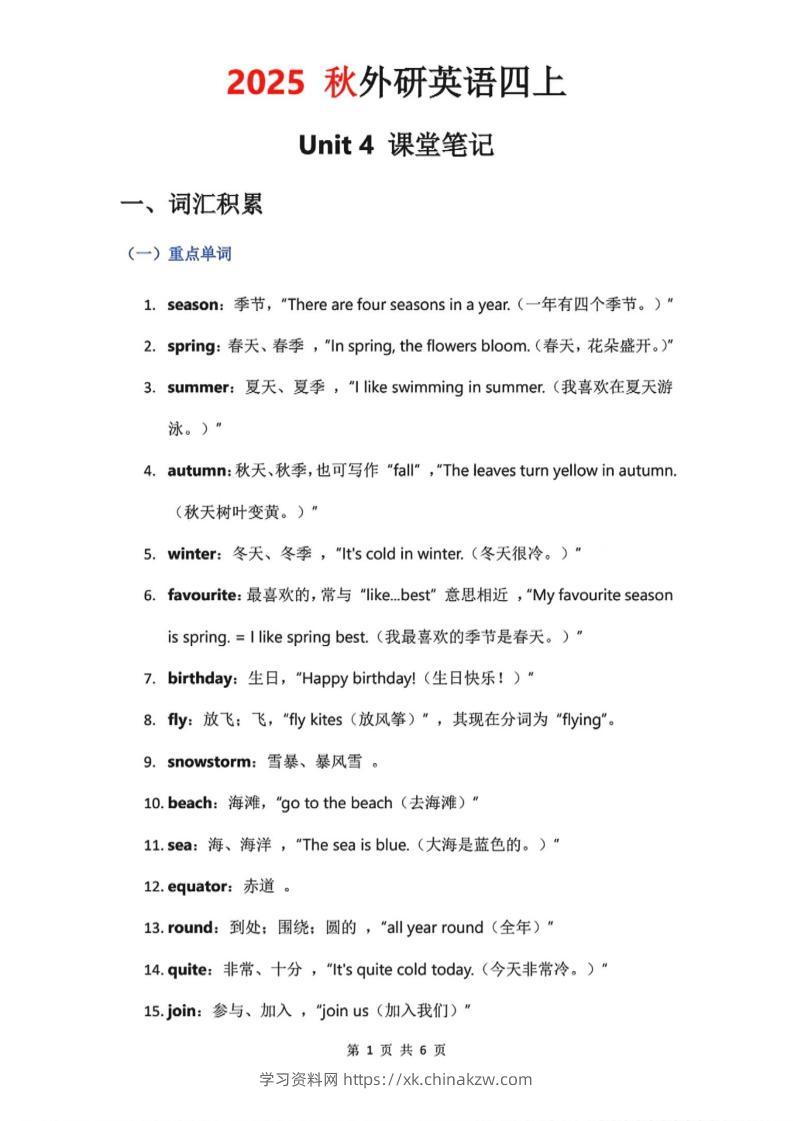 2025秋外研英语四上课堂笔记Unit_4-学习资料站