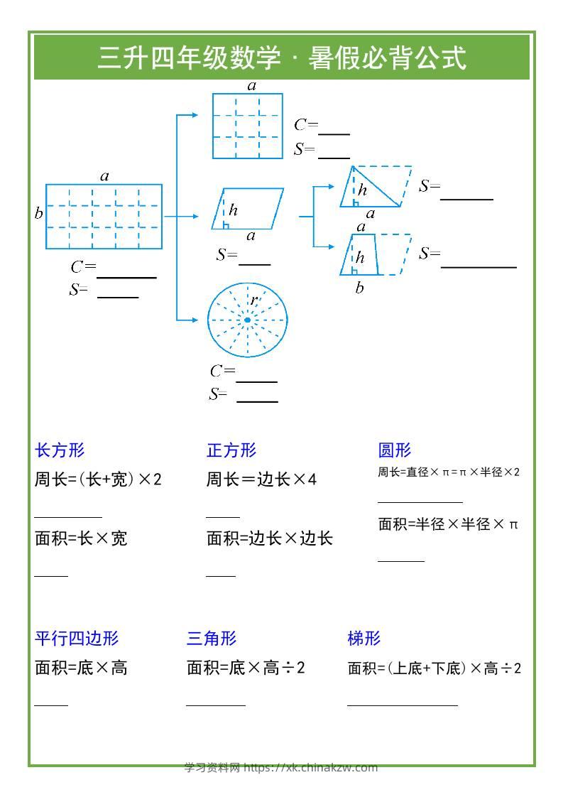 三升四年级数学暑假必背公式-四上数学-学习资料站