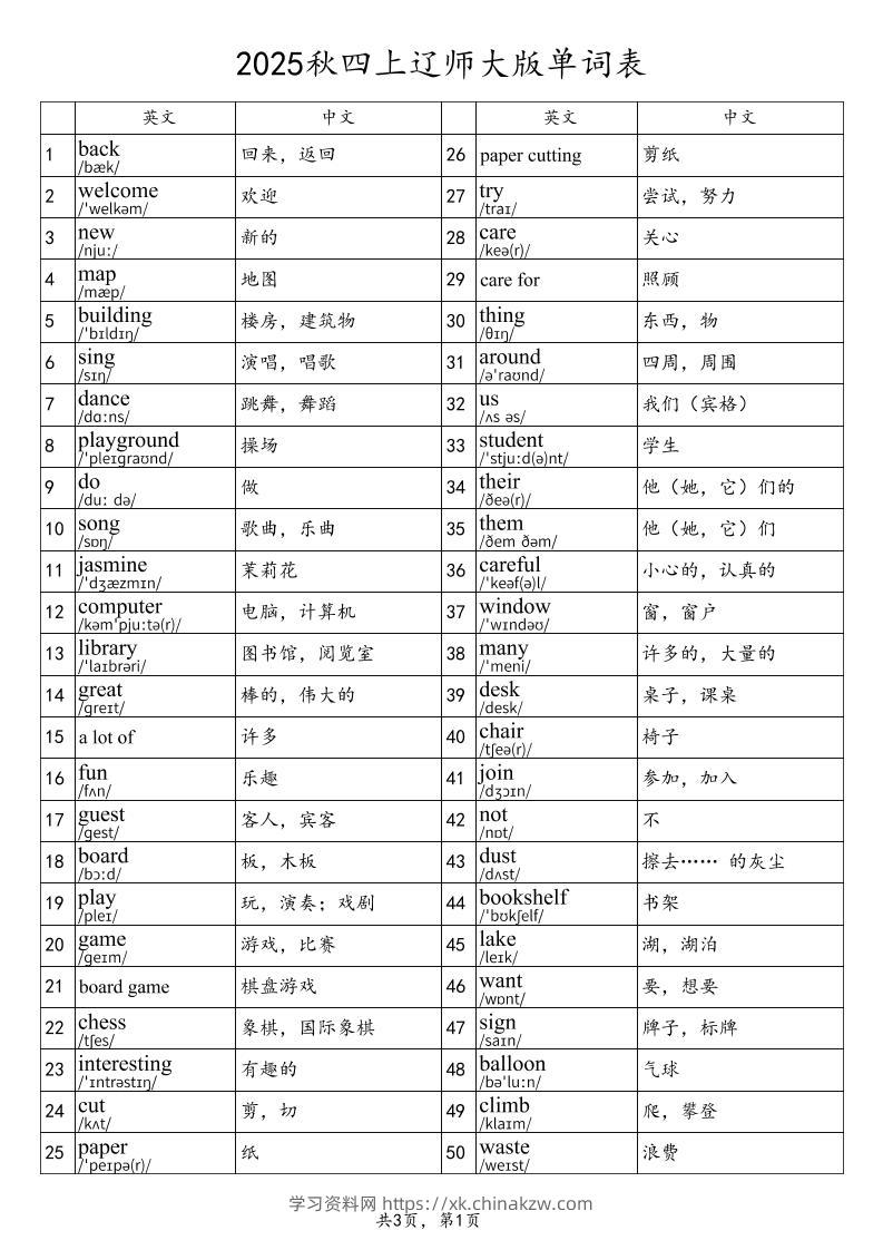 2025秋四上英语辽师大版单词表-学习资料站