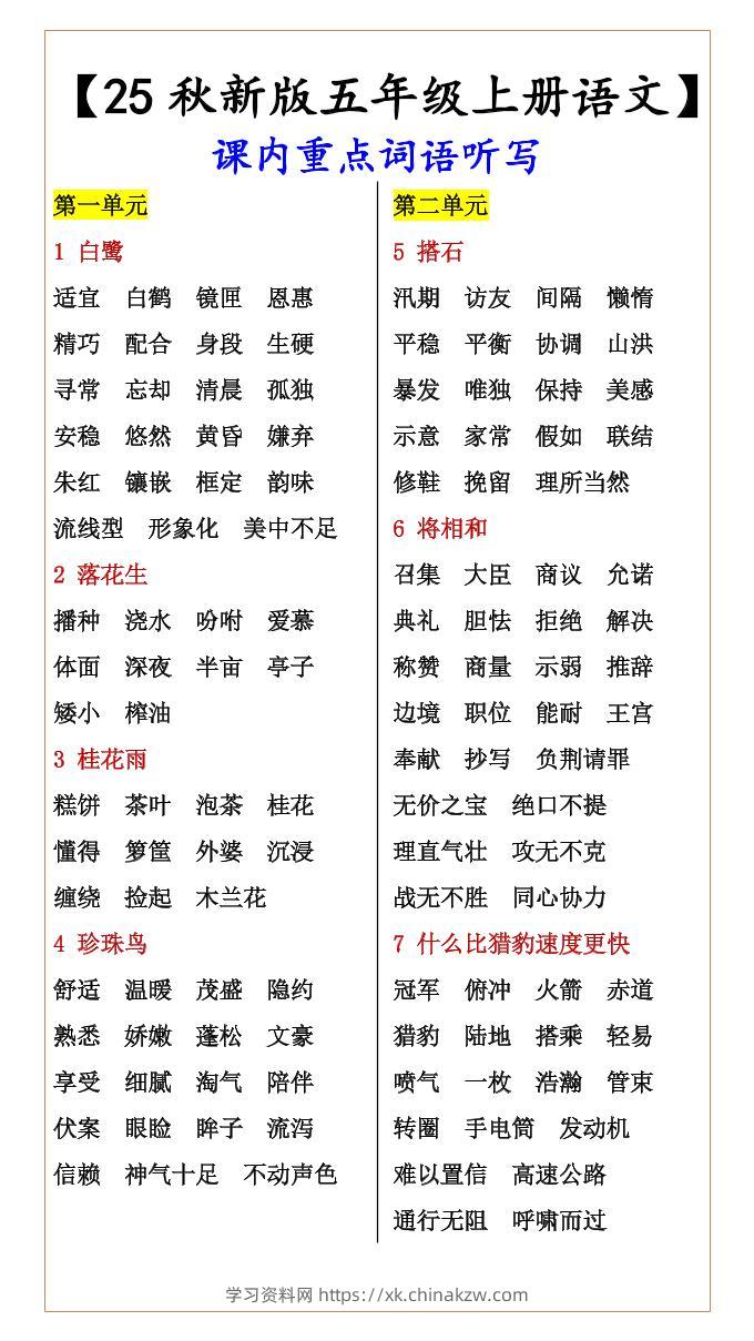 【2025秋新版】【五年级上册语文】课内重点词语听写-学习资料站