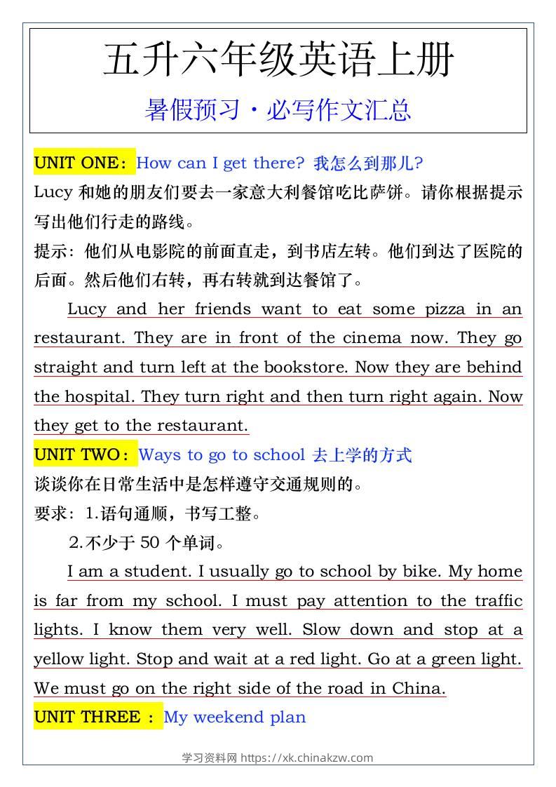 五升六年级英语上册暑假预习·必写作文汇总-六上英语-学习资料站