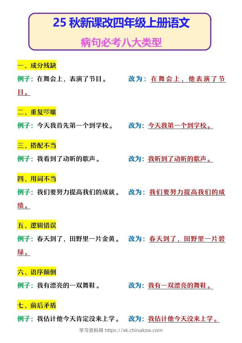 【2025秋新版】四年级上册语文病句必考八大类型-学习资料站