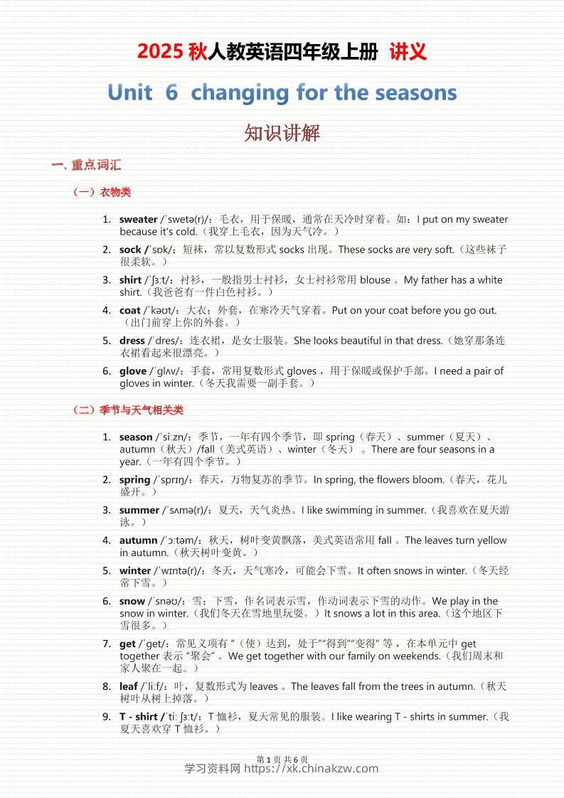 2025秋人教英语四上讲义Unit06-学习资料站