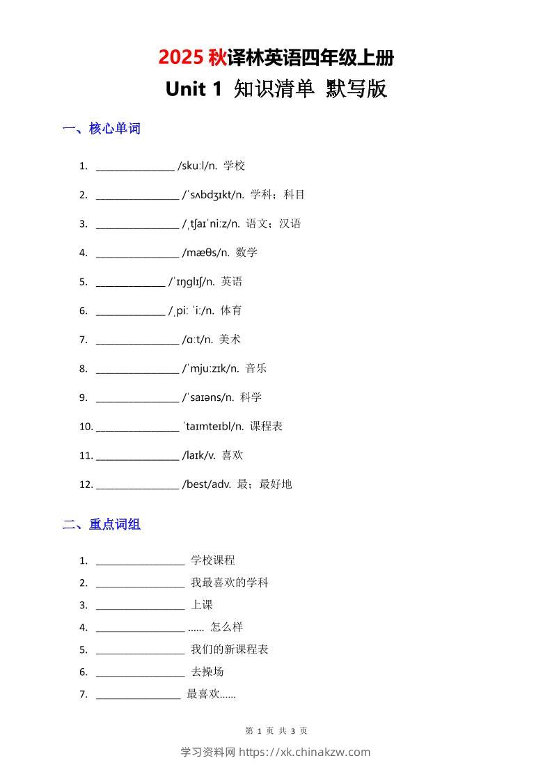2025秋译林英语四上Unit1知识清单-默写版-学习资料站