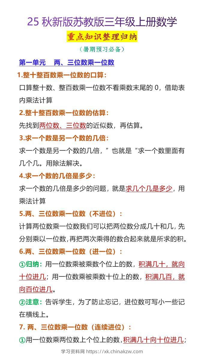 【2025秋新版】苏教版三年级上册数学重点知识整理归纳-学习资料站
