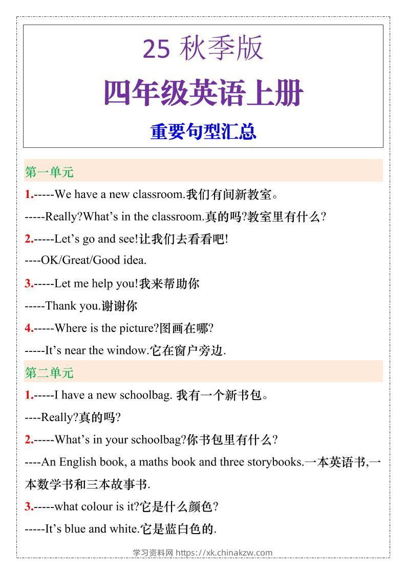 【2025秋新版】四年级英语上册重要句型汇总-学习资料站