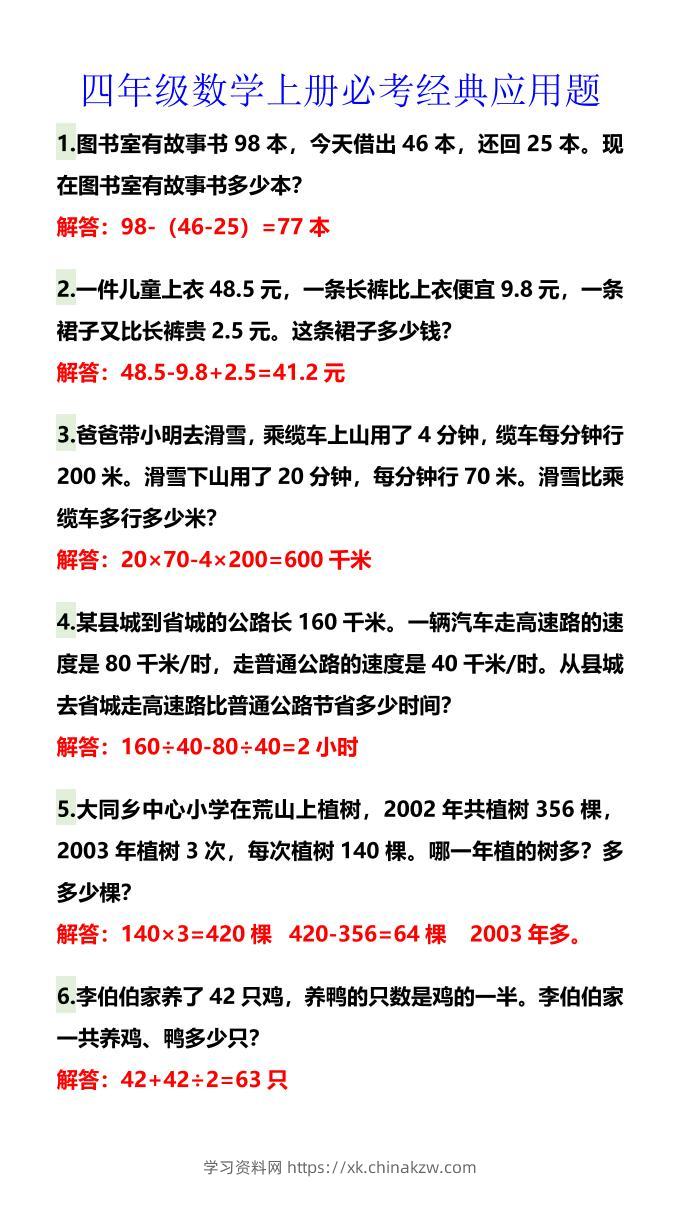 【2025秋新版】四年级数学上册必考经典应用题-学习资料站