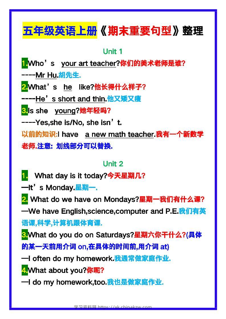 【2025秋新版】五年级英语上册《期末重要句型》整理！-学习资料站