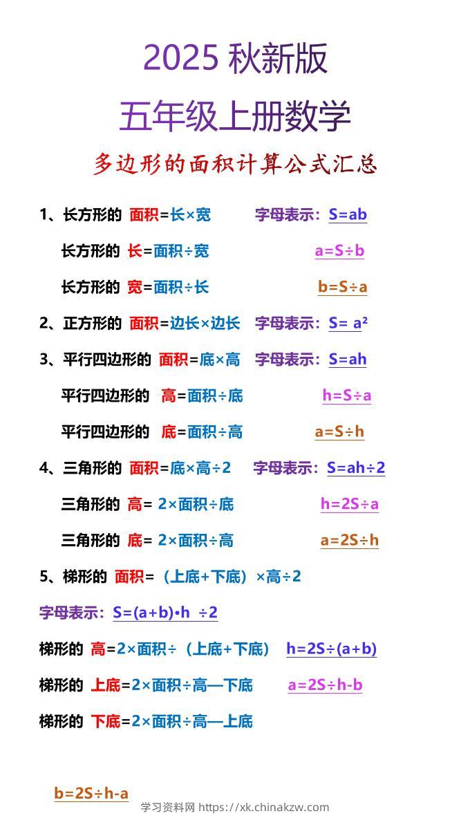 【2025秋新版】五年级上册数学多边形的面积计算公式汇总-学习资料站