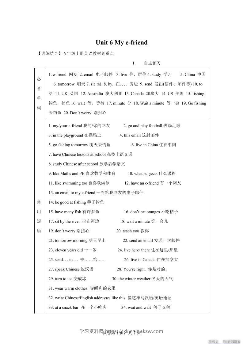 【单元热点难点】译林版（三起）英语五年级上册Unit6Mye-friend教材划重点-学习资料站