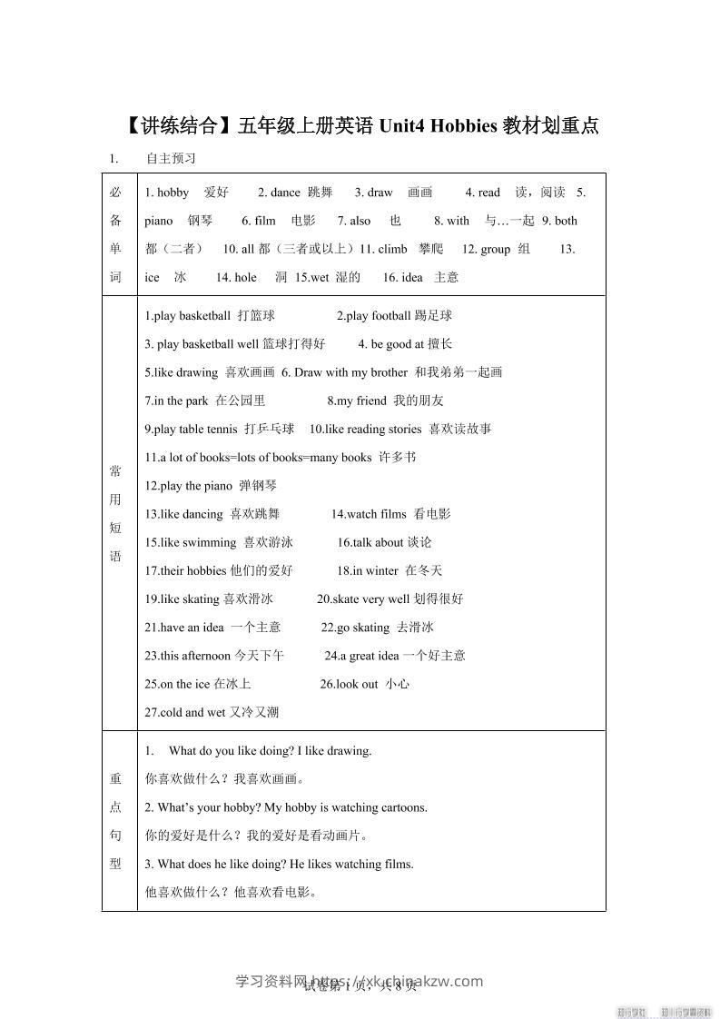 【单元热点难点】译林版（三起）英语五年级上册Unit4Hobbies教材划重点-学习资料站