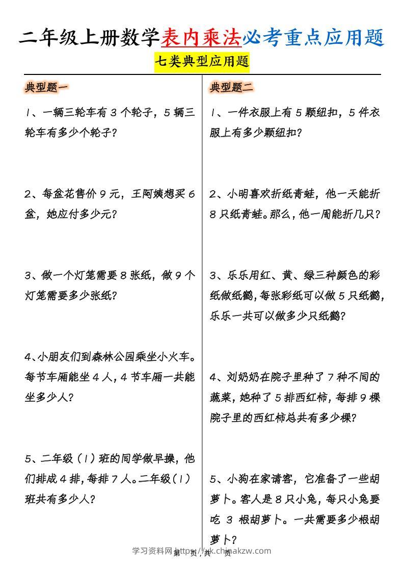 二上数学表内乘法必考重点七类典型应用题（含答案10页）-学习资料站