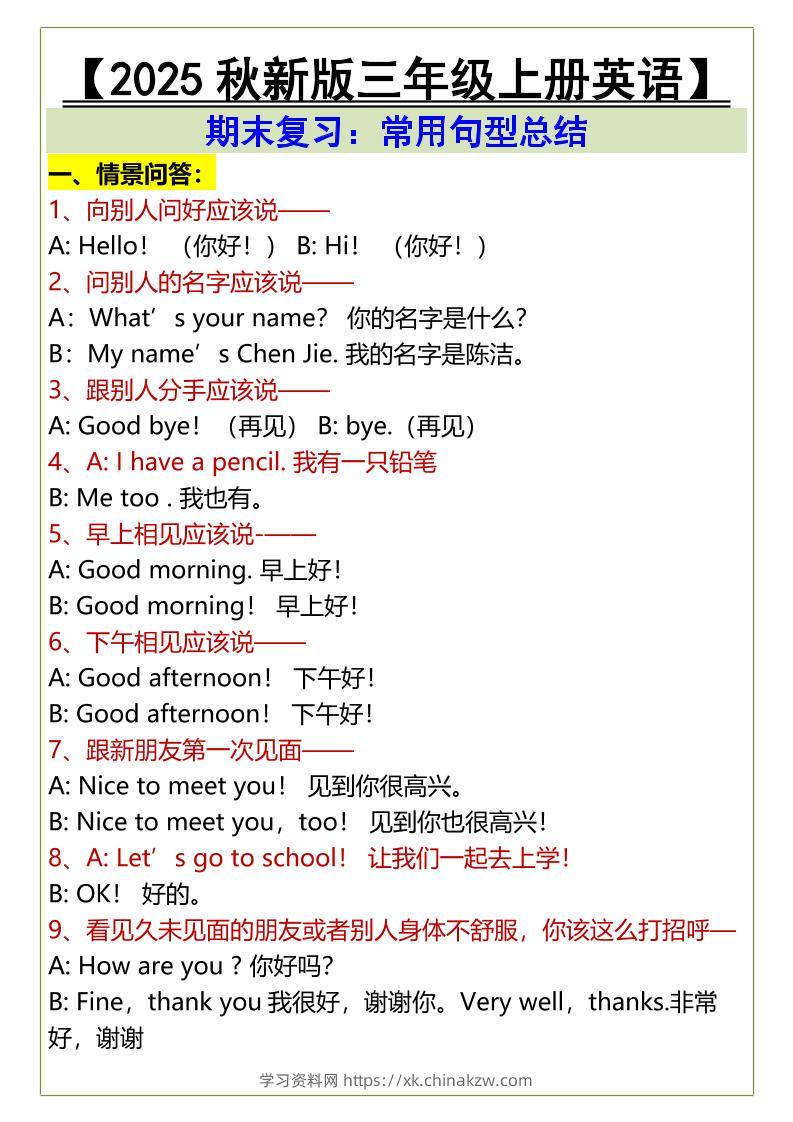 【2025秋新版】三年级上册英语期末复习：常用句型总结-学习资料站