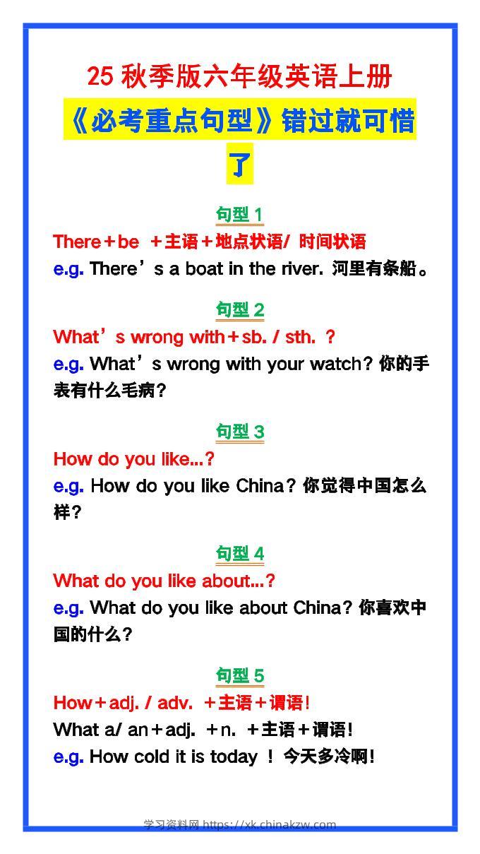 【2025秋新版】六年级英语上册《必考重点句型》错过就太可惜了！-学习资料站