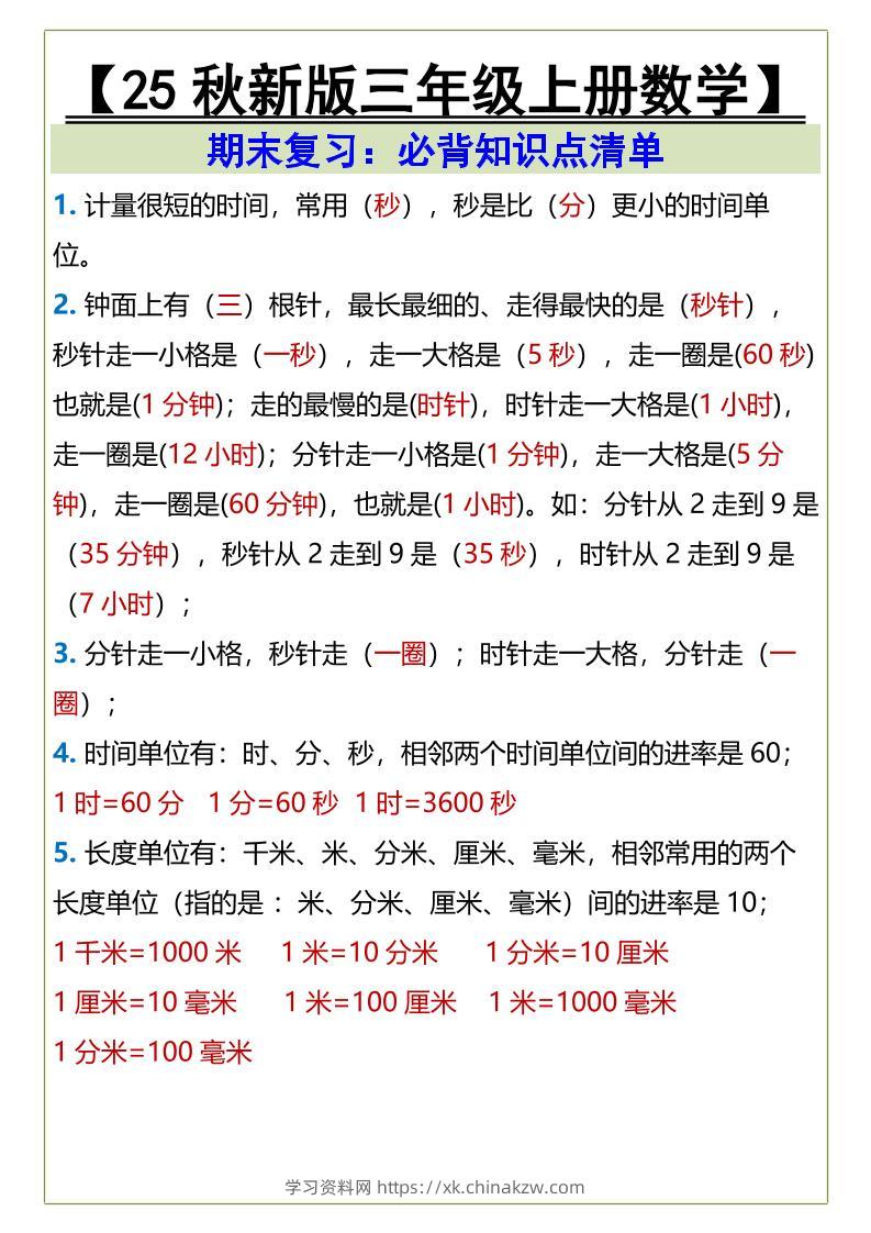 【2025秋新版】三年级上册数学必背知识点清单-学习资料站