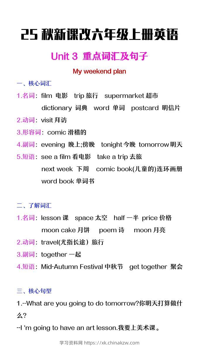 【2025秋新版】六年级上册英语第三单元中的概念词汇及句子-学习资料站