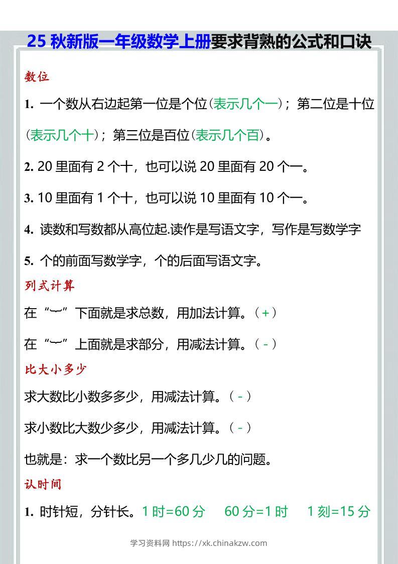 【2025秋新版】一年级数学上册要求背熟的公式和口诀-学习资料站