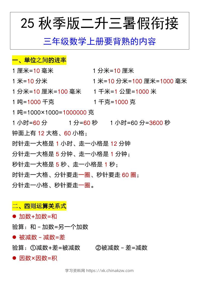 【2025秋新版】三年级数学上册要背熟的内容-学习资料站