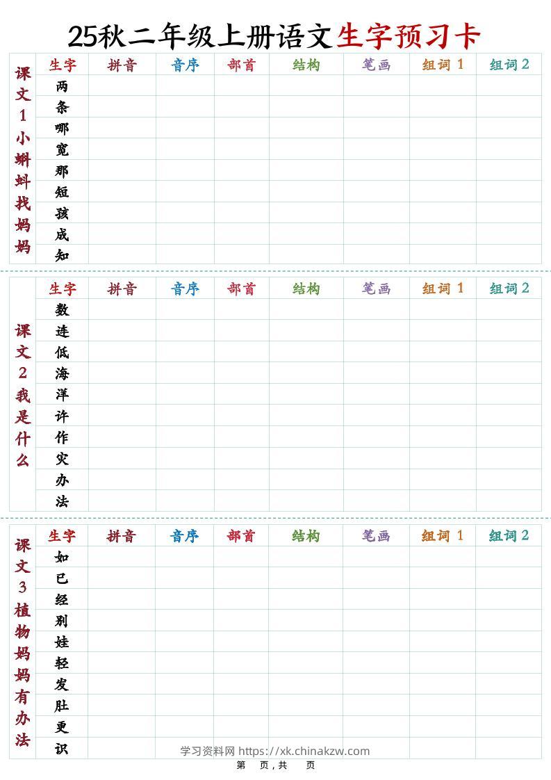 25秋新二上语文生字预习卡（11页）-学习资料站