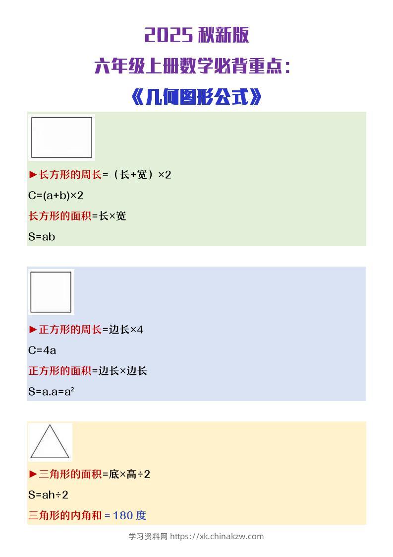 【2025秋新版】六年级上册数学必背几何图形公式大全-学习资料站